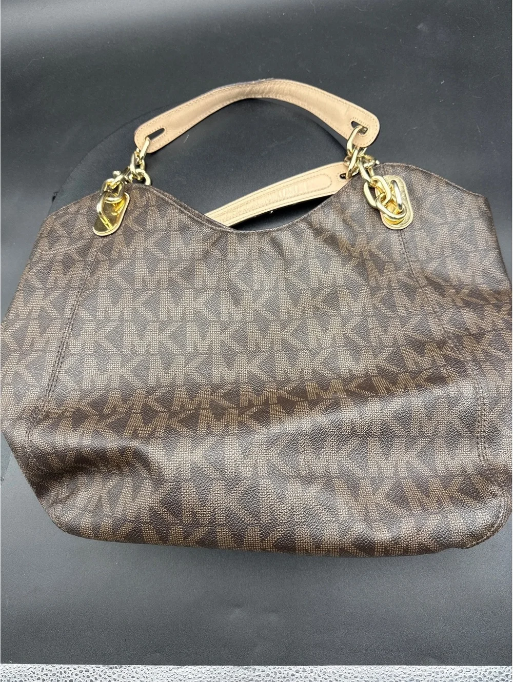 Michael Kors Large Brown MK Logo Tote Bag with Gold Chain